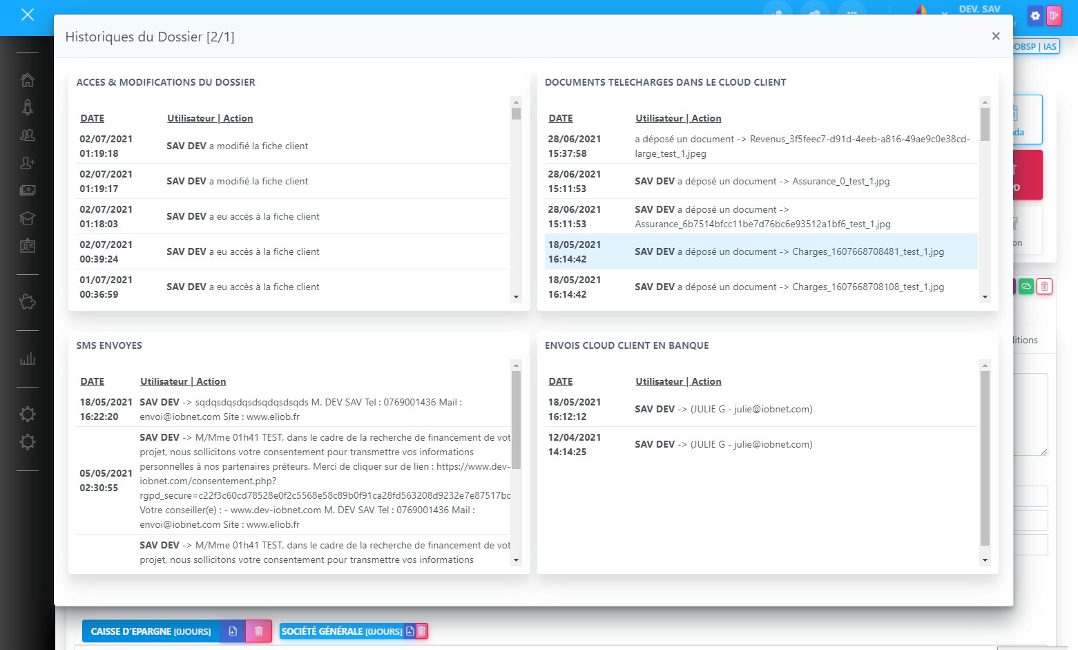 Historique des actions menées sur la fiche client