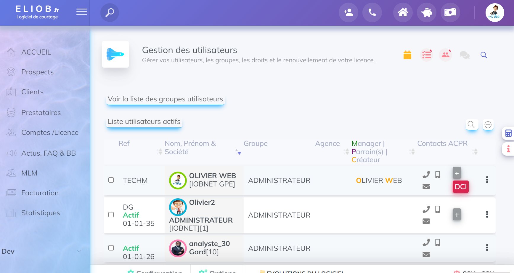 Gestion Utilisateurs du CRM/Logiciel  